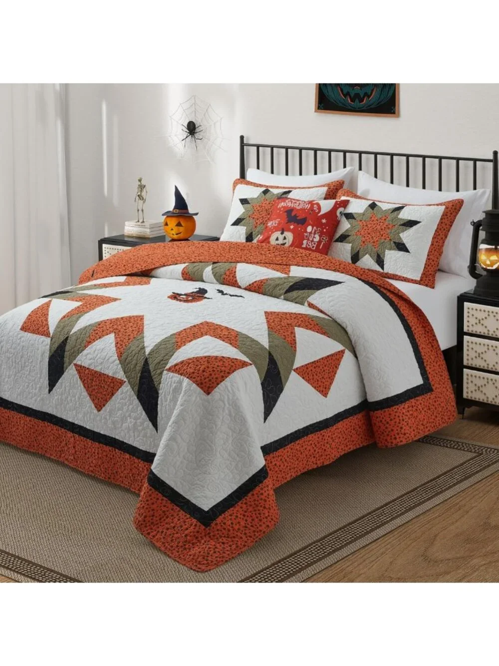 Queen Size Halloween Quilt Set - Fall Cotton Bedding, Cozy 90